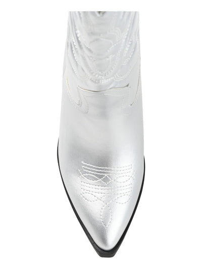 JOURNEE COLLECTION Womens Silver Curved Metallic Embroidered Chantry Pointed Toe Block Heel Western Boot 6.5