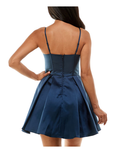 B DARLIN Womens Navy Zippered Pocketed Corset Bodice Pleated Skirt Spaghetti Strap Sweetheart Neckline Short Party Fit + Flare Dress 3\4