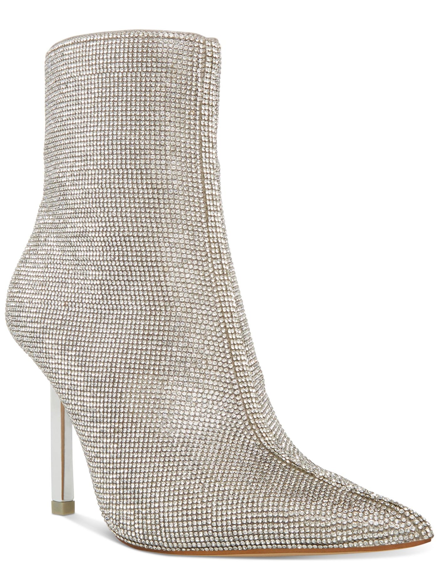 STEVE MADDEN Womens Silver Rhinestone Metallic Elysia Pointed Toe Stiletto Zip-Up Booties 8.5 M