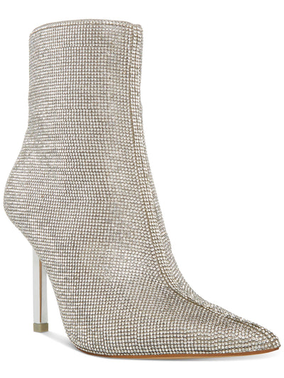 STEVE MADDEN Womens Silver Rhinestone Metallic Elysia Pointed Toe Stiletto Zip-Up Booties 7.5 M