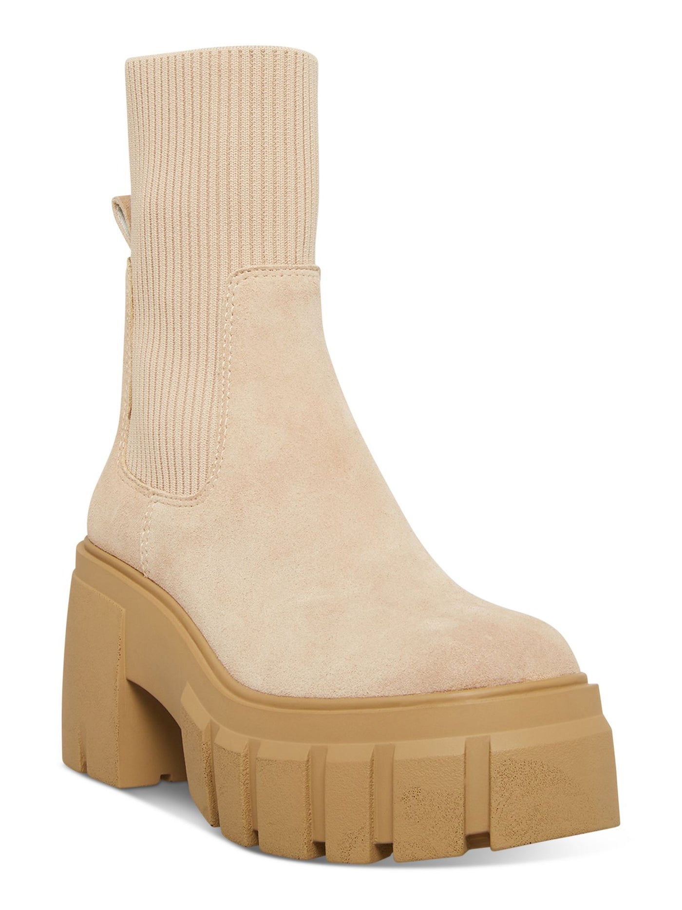 STEVE MADDEN Womens Beige Padded 2" Platform Goring Lug Sole Liberti Square Toe Block Heel Leather Heeled Boots 10 M