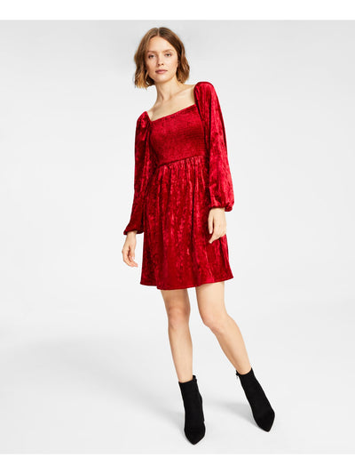BAR III DRESSES Womens Unlined Long Sleeve Square Neck Above The Knee Fit + Flare Dress