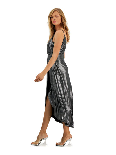 BAR III DRESSES Womens Black Zippered Twist Front Lined Spaghetti Strap Surplice Neckline Tea-Length Party Faux Wrap Dress XS