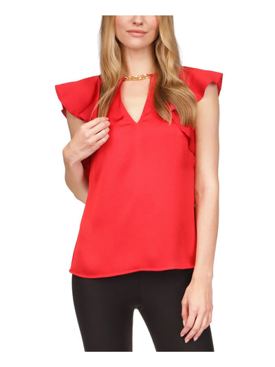 MICHAEL MICHAEL KORS Womens Red Ruffled Textured Chain Detail Keyhole Back Cap Sleeve V Neck Top XS