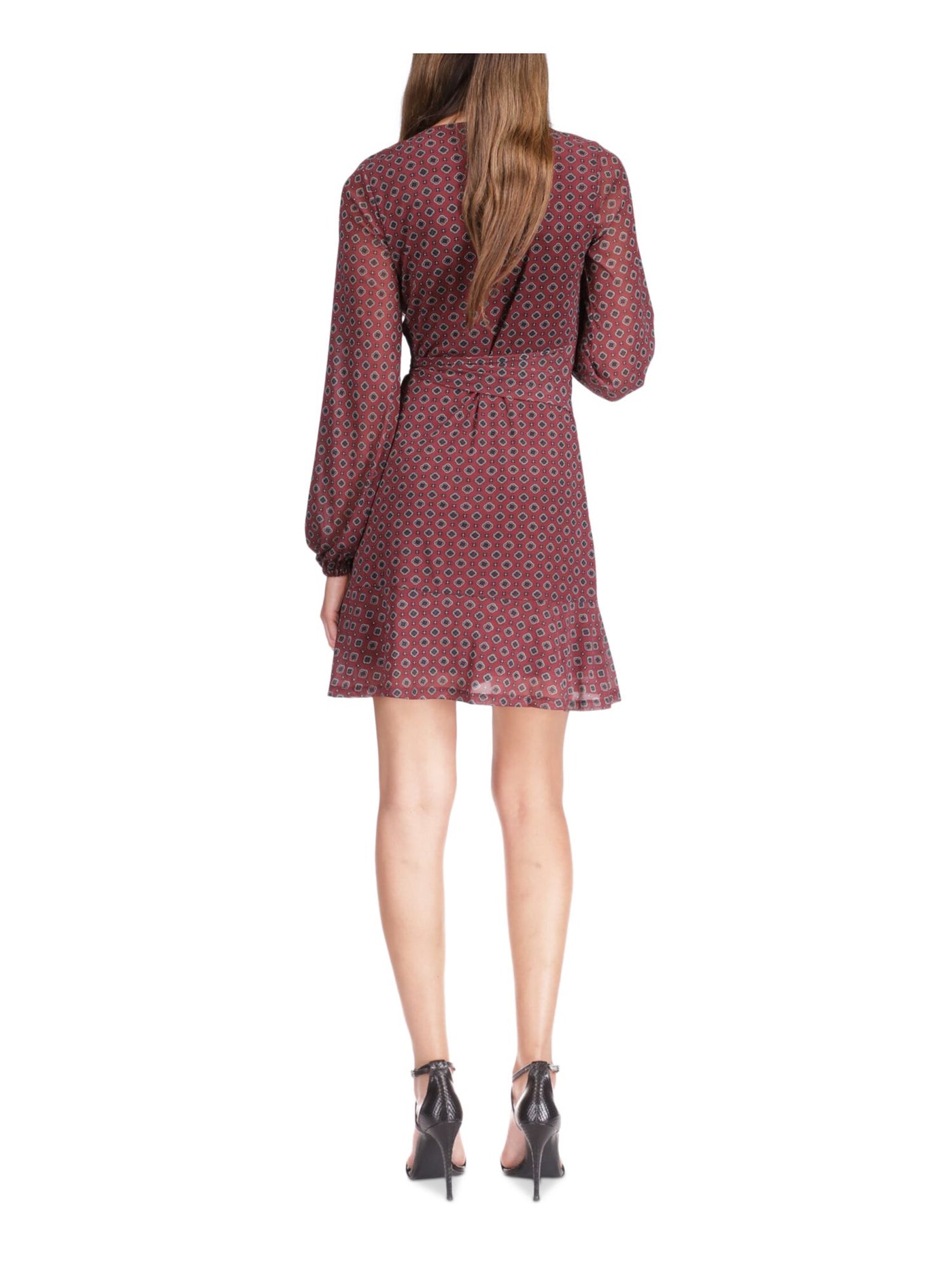 MICHAEL KORS Womens Burgundy Lined Tie Button Keyhole Pullover Long Sleeve Jewel Neck Mini Party Faux Wrap Dress Petites P\XS