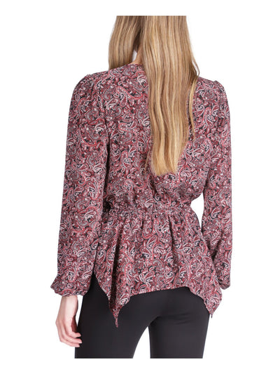 MICHAEL MICHAEL KORS Womens Maroon Paisley Long Sleeve Surplice Neckline Wear To Work Faux Wrap Top Petites P\XS