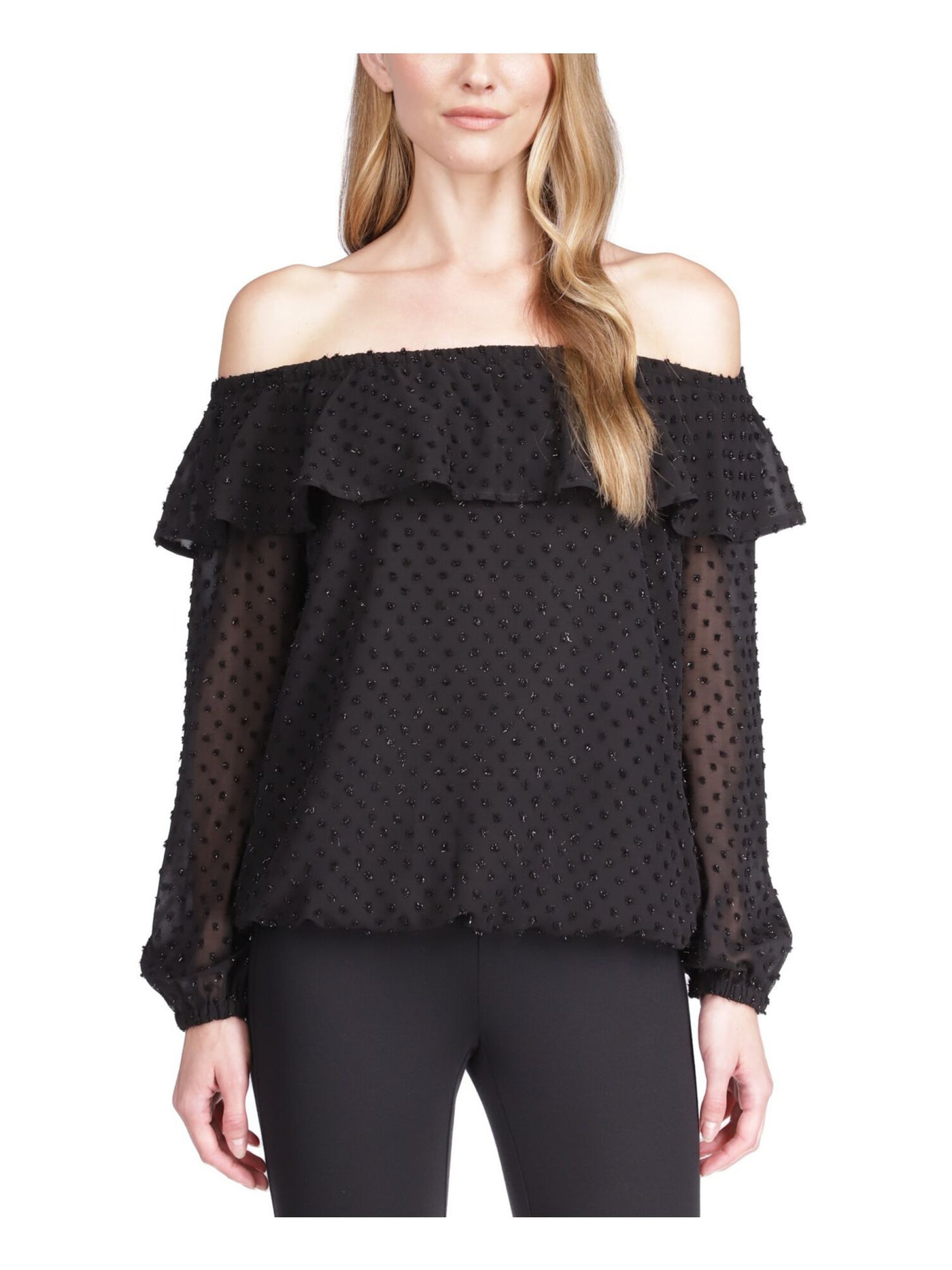 MICHAEL MICHAEL KORS Womens Black Lined Sheer Elasticized Pullover Ruffled Long Sleeve Off Shoulder Cocktail Top Petites P\M