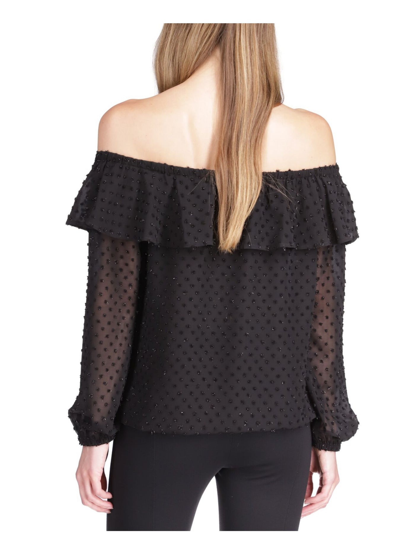 MICHAEL MICHAEL KORS Womens Black Sheer Lined Elasticized Ruffled Long Sleeve Off Shoulder Cocktail Top XS