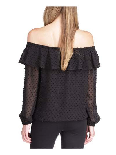 MICHAEL MICHAEL KORS Womens Black Sheer Lined Elasticized Ruffled Long Sleeve Off Shoulder Cocktail Top M