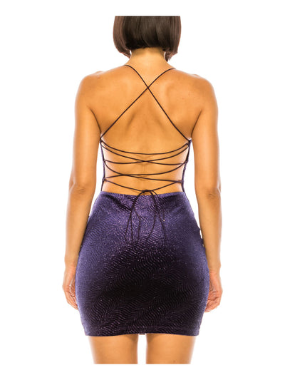 B DARLIN Womens Purple Lined Lace-up Open Back Spaghetti Strap Cowl Neck Short Party Body Con Dress XL