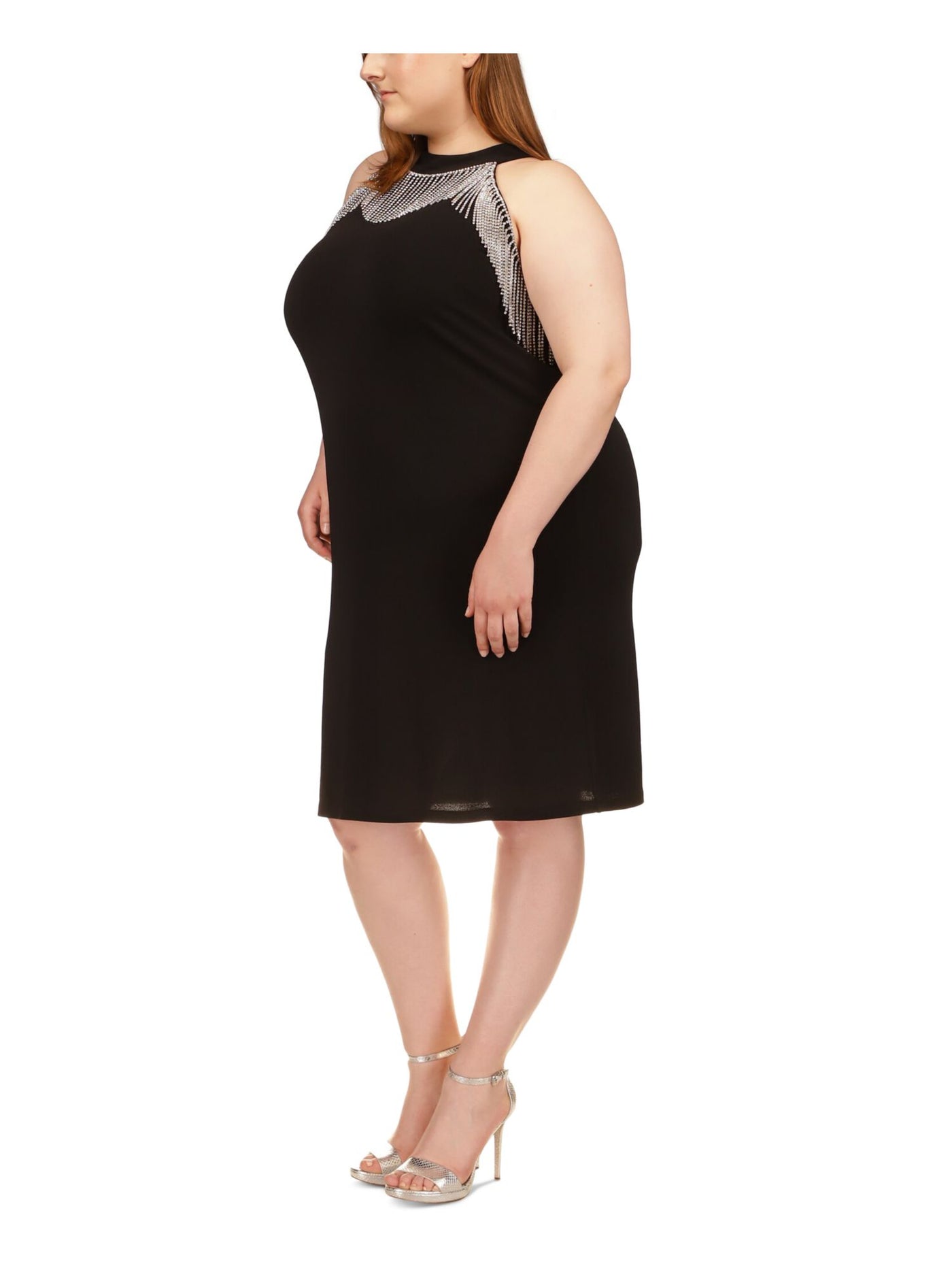 MICHAEL MICHAEL KORS Womens Black Zippered Unlined Rhinestone Trim Neckline Sleeveless Halter Knee Length Cocktail Sheath Dress Plus 4X