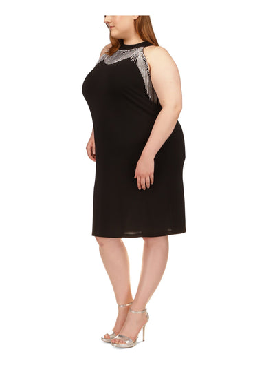 MICHAEL MICHAEL KORS Womens Black Zippered Unlined Rhinestone Trim Neckline Sleeveless Halter Knee Length Cocktail Sheath Dress Plus 4X