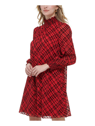 TOMMY HILFIGER Womens Red Plaid Long Sleeve Mock Neck Short Trapeze Dress Petites 2P