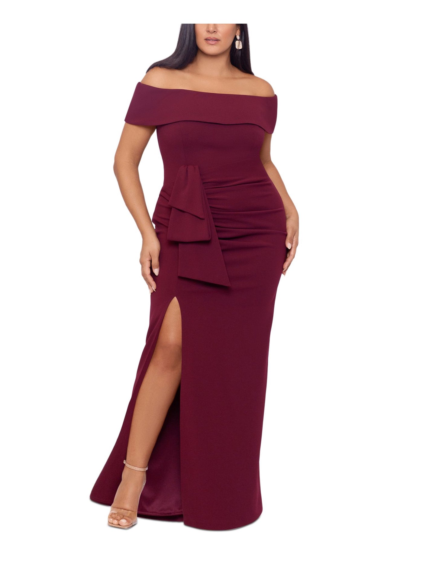 XSCAPE Womens Maroon Stretch Zippered Slitted Lined Draped Detail Ruched Short Sleeve Off Shoulder Full-Length Formal Gown Dress Plus 22W