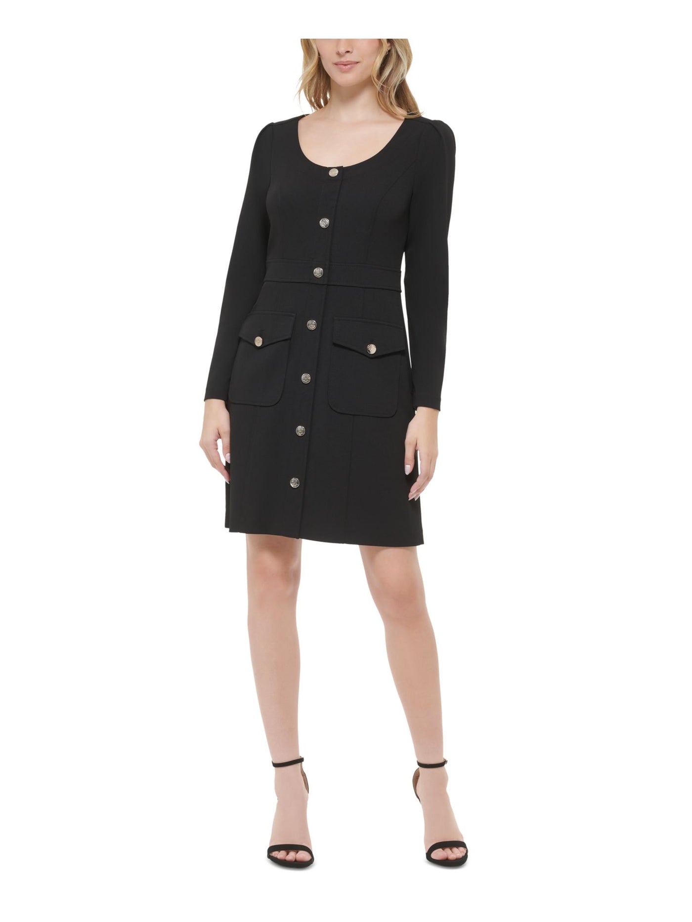 TOMMY HILFIGER Womens Black Zippered Pocketed Long Sleeve Scoop Neck Above The Knee Wear To Work Sheath Dress 10