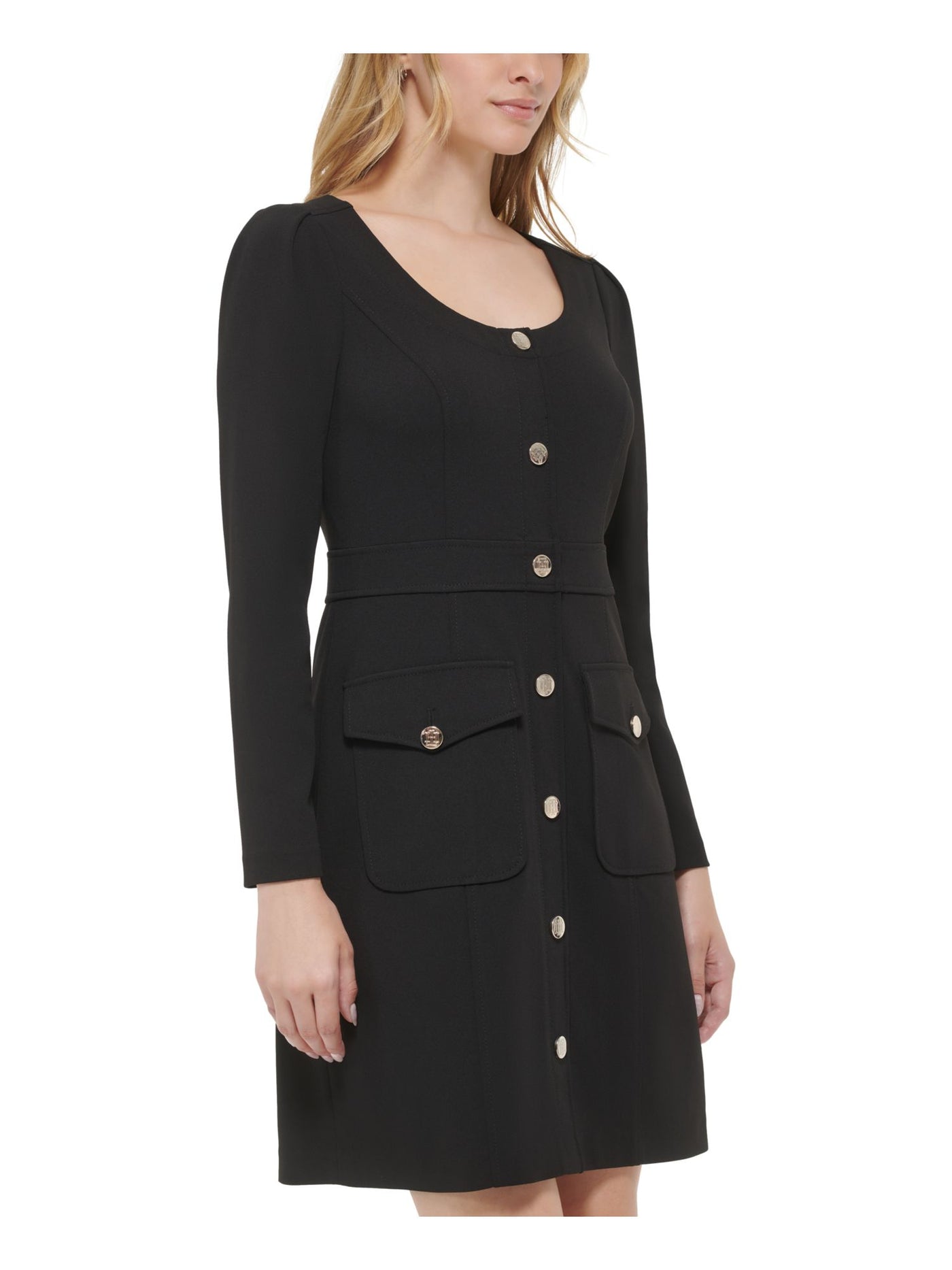 TOMMY HILFIGER Womens Black Zippered Pocketed Long Sleeve Scoop Neck Above The Knee Wear To Work Sheath Dress 10