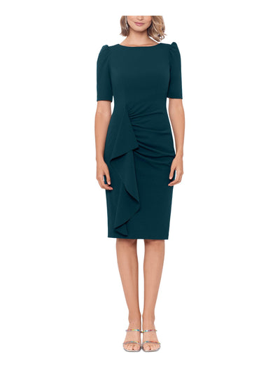 XSCAPE Womens Green Zippered Short Sleeve Round Neck Below The Knee Wear To Work Sheath Dress 16