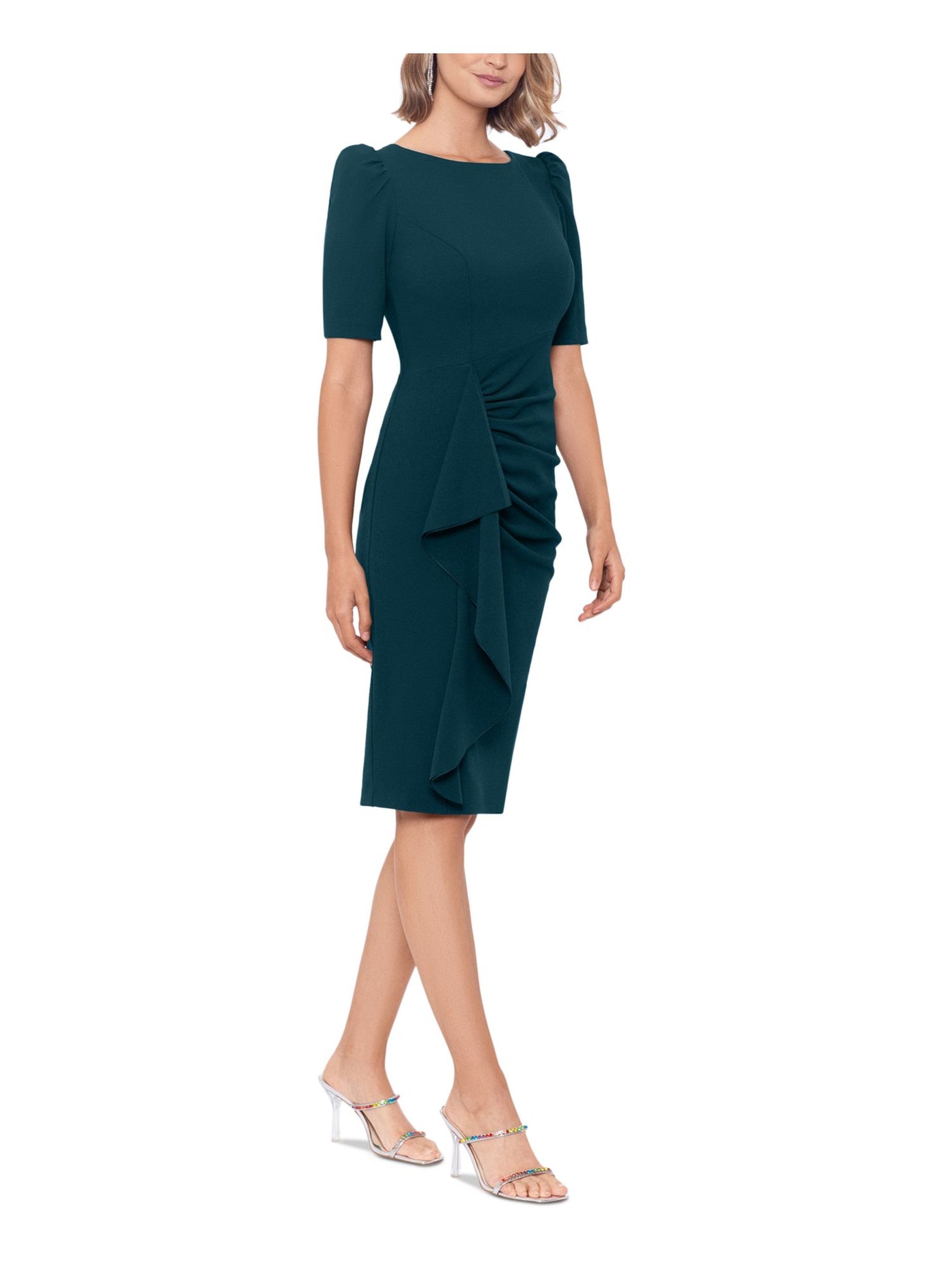 XSCAPE Womens Green Zippered Short Sleeve Round Neck Below The Knee Wear To Work Sheath Dress 16