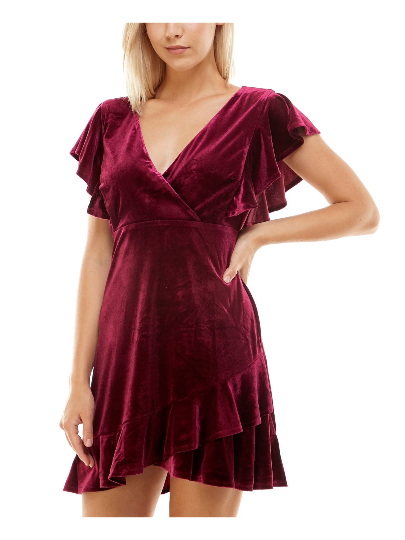 CRYSTAL DOLLS Womens Burgundy Ruffled Zippered Unlined Flutter Sleeve Surplice Neckline Short Party Faux Wrap Dress XS
