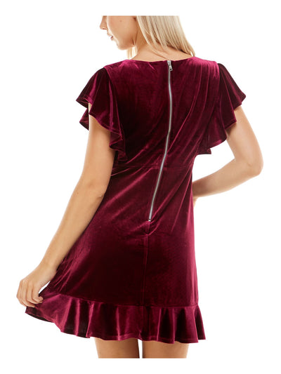 CRYSTAL DOLLS Womens Burgundy Ruffled Zippered Unlined Flutter Sleeve Surplice Neckline Short Party Faux Wrap Dress XS
