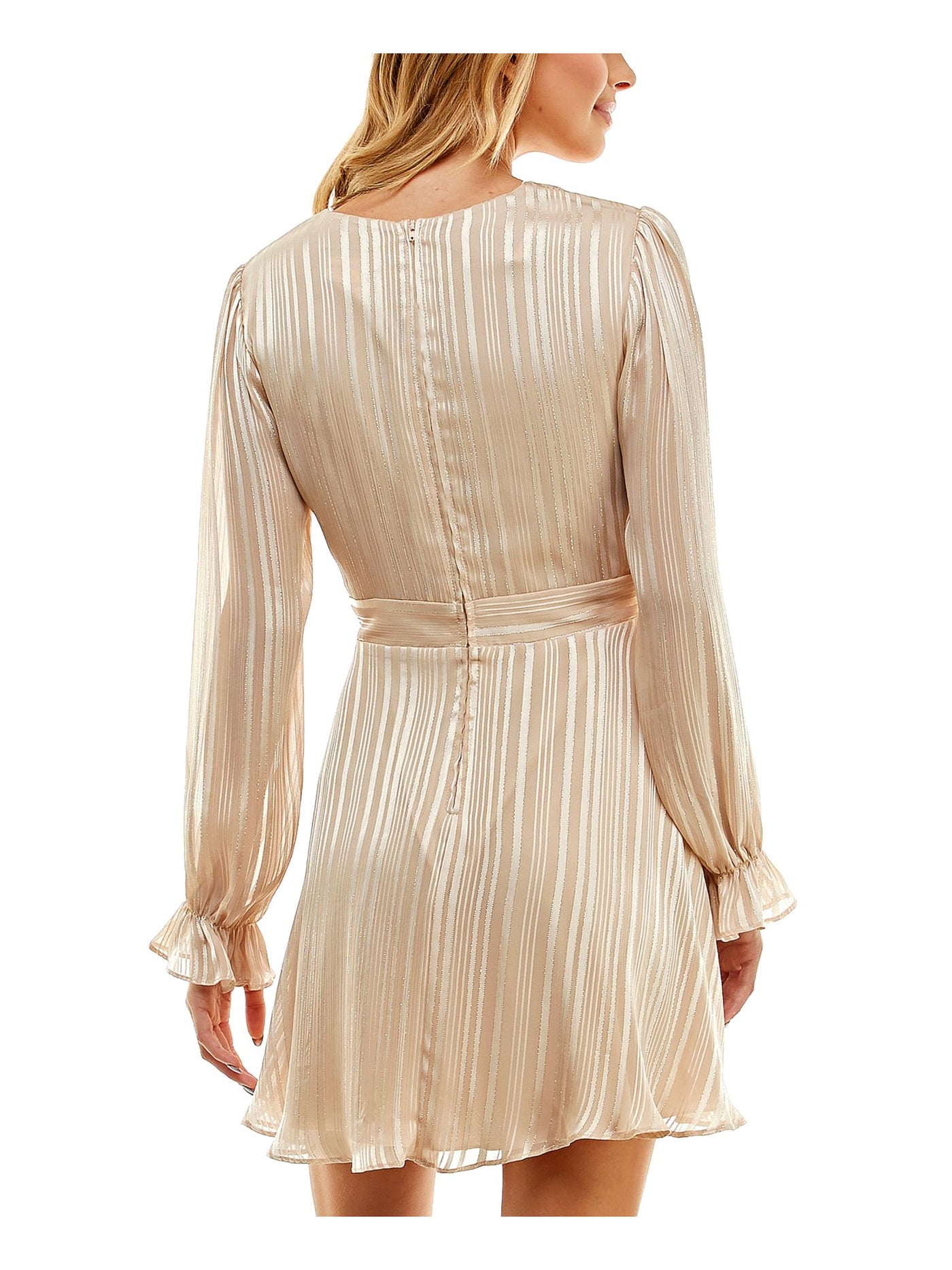 B DARLIN Womens Beige Zippered Lined Striped Long Sleeve Surplice Neckline Above The Knee Party Fit + Flare Dress 1\2