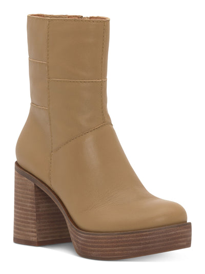 LUCKY BRAND Womens Beige 1" Platform Goring Padded Omarey Round Toe Stacked Heel Zip-Up Leather Booties 8.5 M