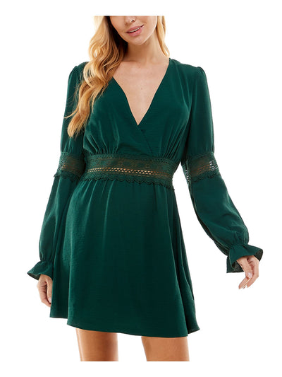 CITY STUDIO Womens Green Unlined Lace Insets Pullover Long Sleeve Surplice Neckline Short Party Fit + Flare Dress XS