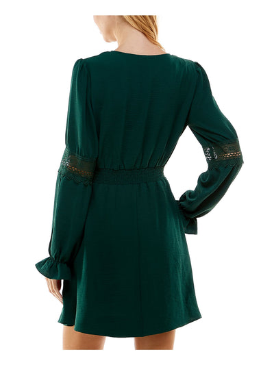 CITY STUDIO Womens Green Unlined Lace Insets Pullover Long Sleeve Surplice Neckline Short Party Fit + Flare Dress XS