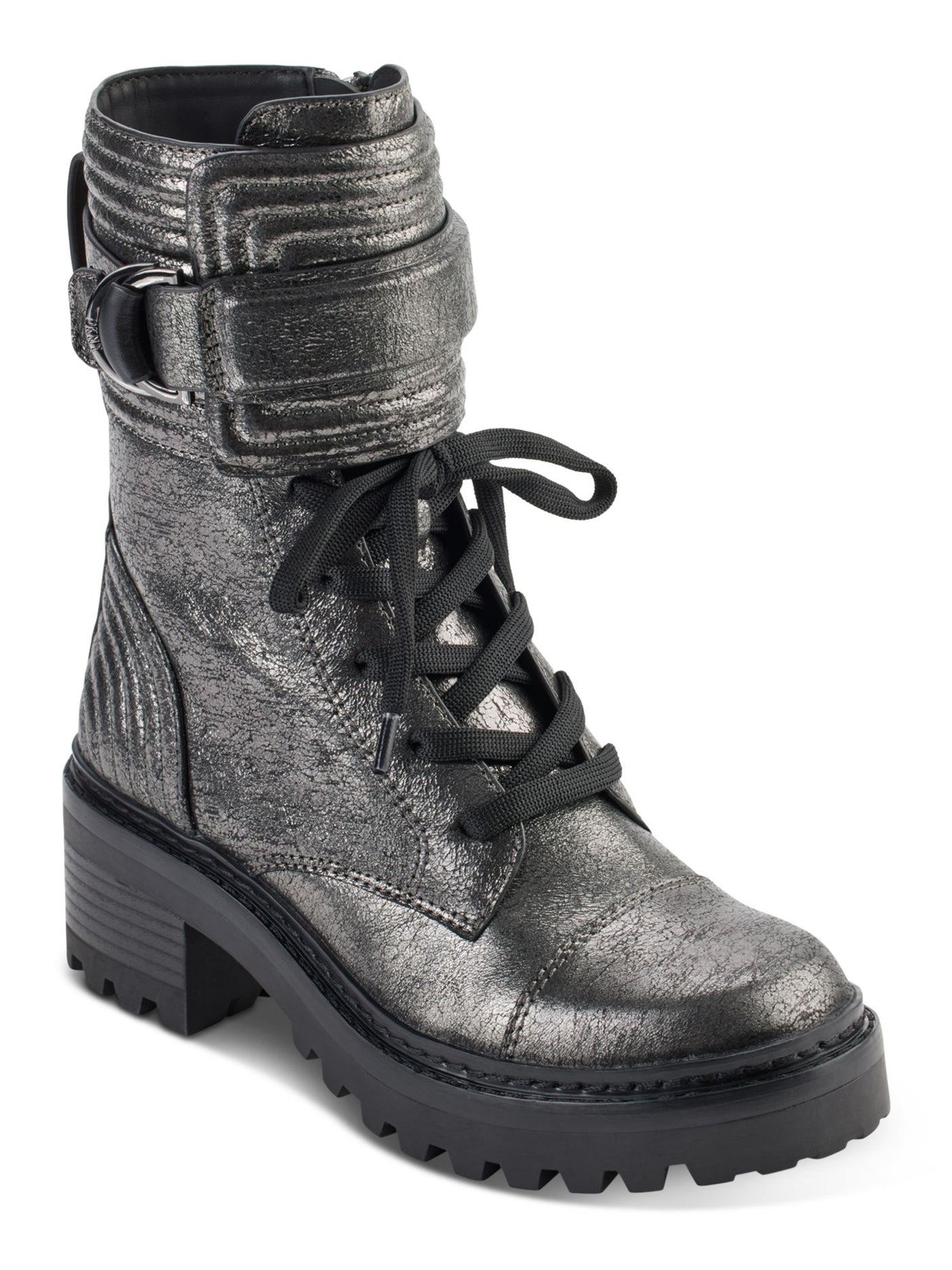 DKNY Womens Silver Buckle Accent Metallic Basia Round Toe Block Heel Zip-Up Leather Combat Boots 5 M