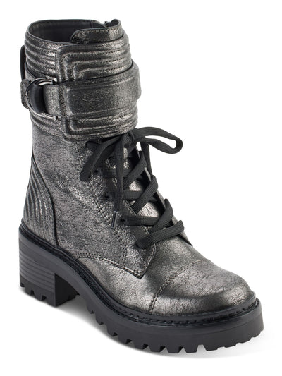 DKNY Womens Gray Buckle Accent Metallic Basia Round Toe Block Heel Zip-Up Leather Combat Boots 9 M