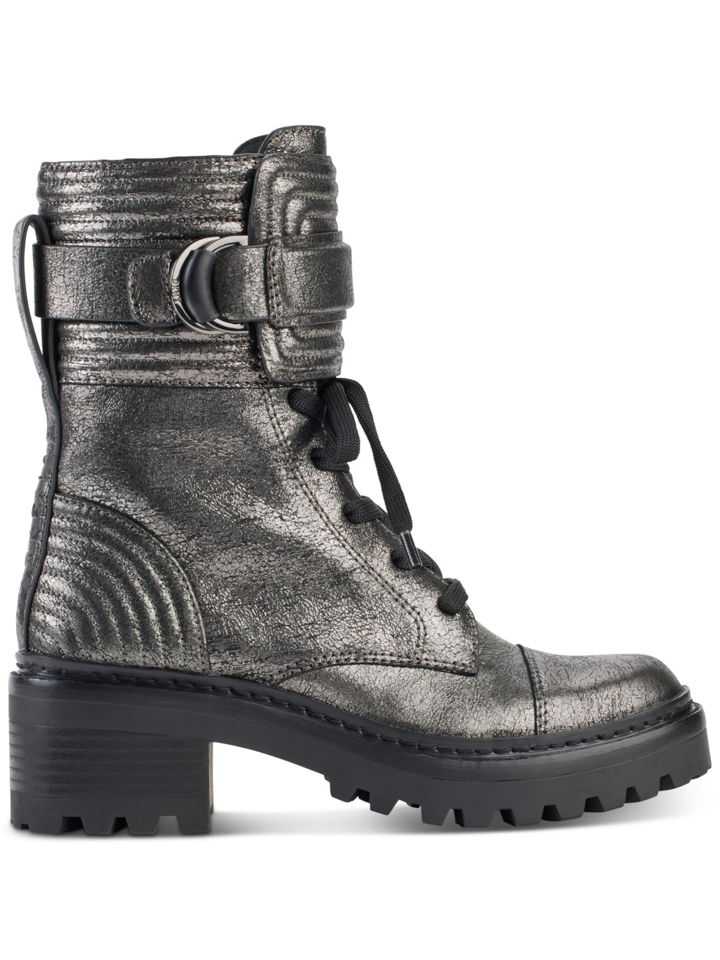 DKNY Womens Silver Buckle Accent Metallic Basia Round Toe Block Heel Zip-Up Leather Combat Boots 5 M