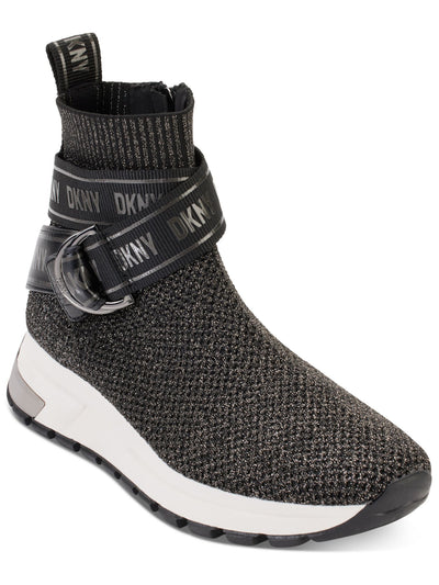 DKNY Womens Black Metallic Logo Strap Accent Treaded Stretch Miley Round Toe Wedge Zip-Up Sneakers Shoes 5 M