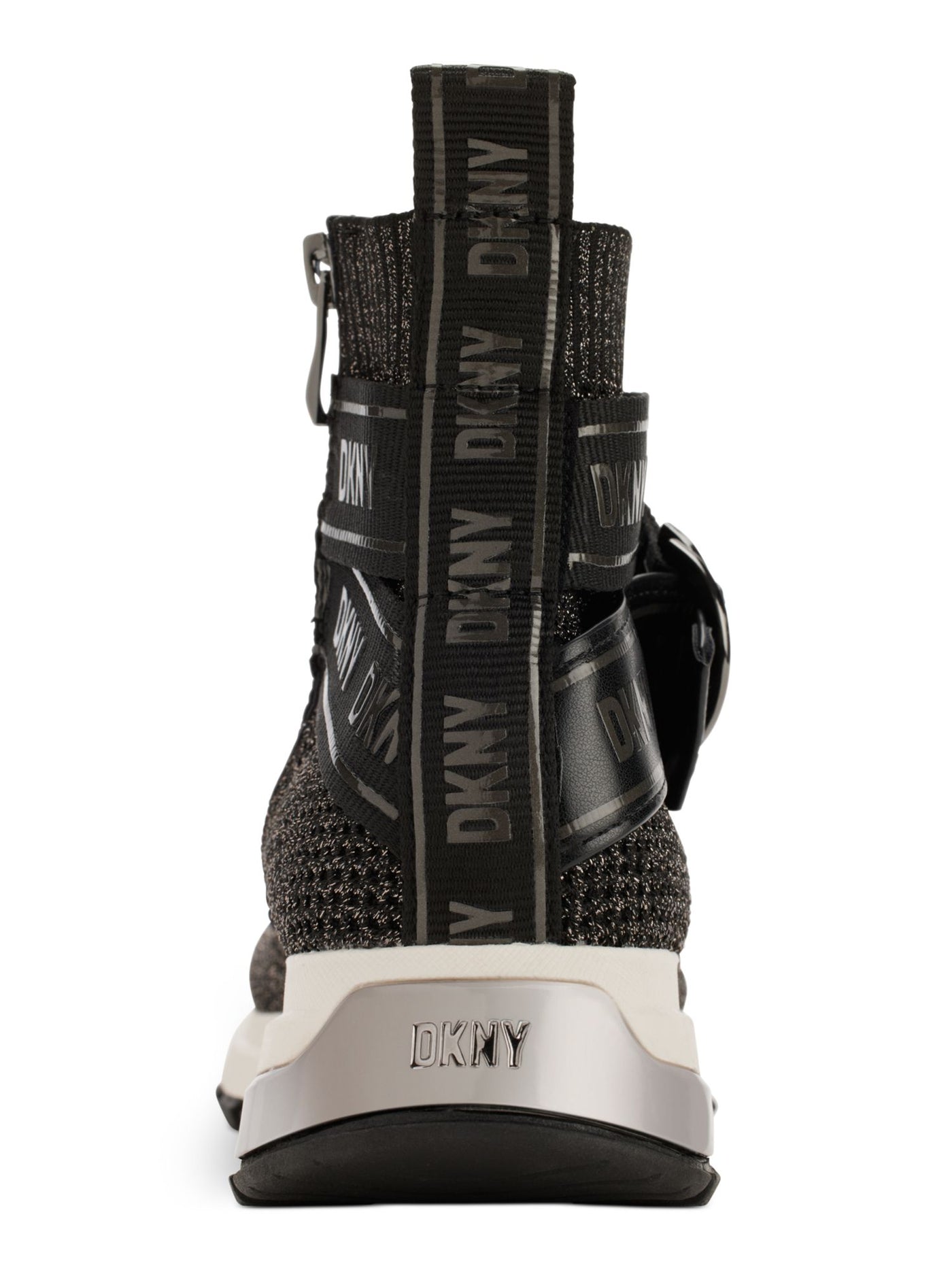 DKNY Womens Black Metallic Logo Strap Accent Treaded Stretch Miley Round Toe Wedge Zip-Up Sneakers Shoes 5 M