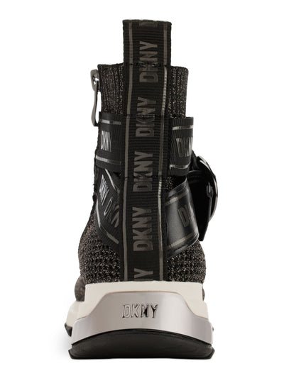 DKNY Womens Black Metallic Logo Strap Accent Treaded Stretch Miley Round Toe Wedge Zip-Up Sneakers Shoes 5 M