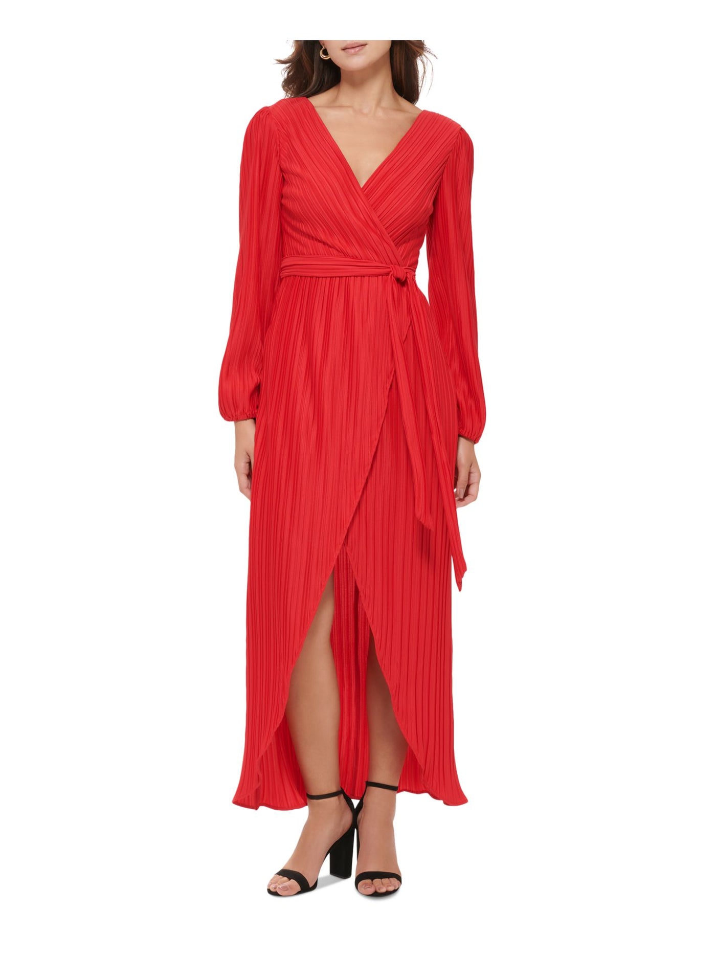 GUESS Womens Red Pleated Tie Long Sleeve Surplice Neckline Tea-Length Evening Faux Wrap Dress 10