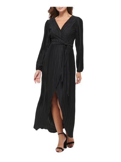 GUESS Womens Black Pleated Zippered V-back Hi-lo Hem Tie Belt Long Sleeve Surplice Neckline Maxi Evening Faux Wrap Dress 4