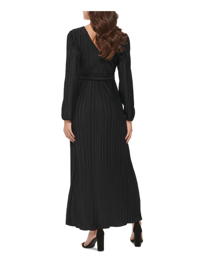 GUESS Womens Black Pleated Zippered V-back Hi-lo Hem Tie Belt Long Sleeve Surplice Neckline Maxi Evening Faux Wrap Dress 6