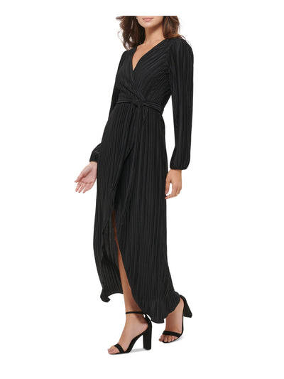 GUESS Womens Black Pleated Zippered V-back Hi-lo Hem Tie Belt Long Sleeve Surplice Neckline Maxi Evening Faux Wrap Dress 6