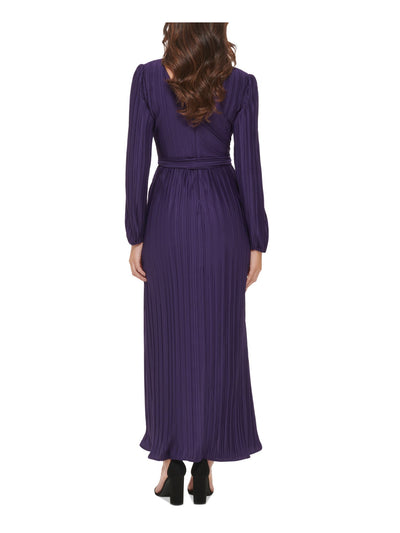 GUESS Womens Purple Pleated Zippered V-back Hi-lo Hem Tie Belt Long Sleeve Surplice Neckline Maxi Party Faux Wrap Dress 6