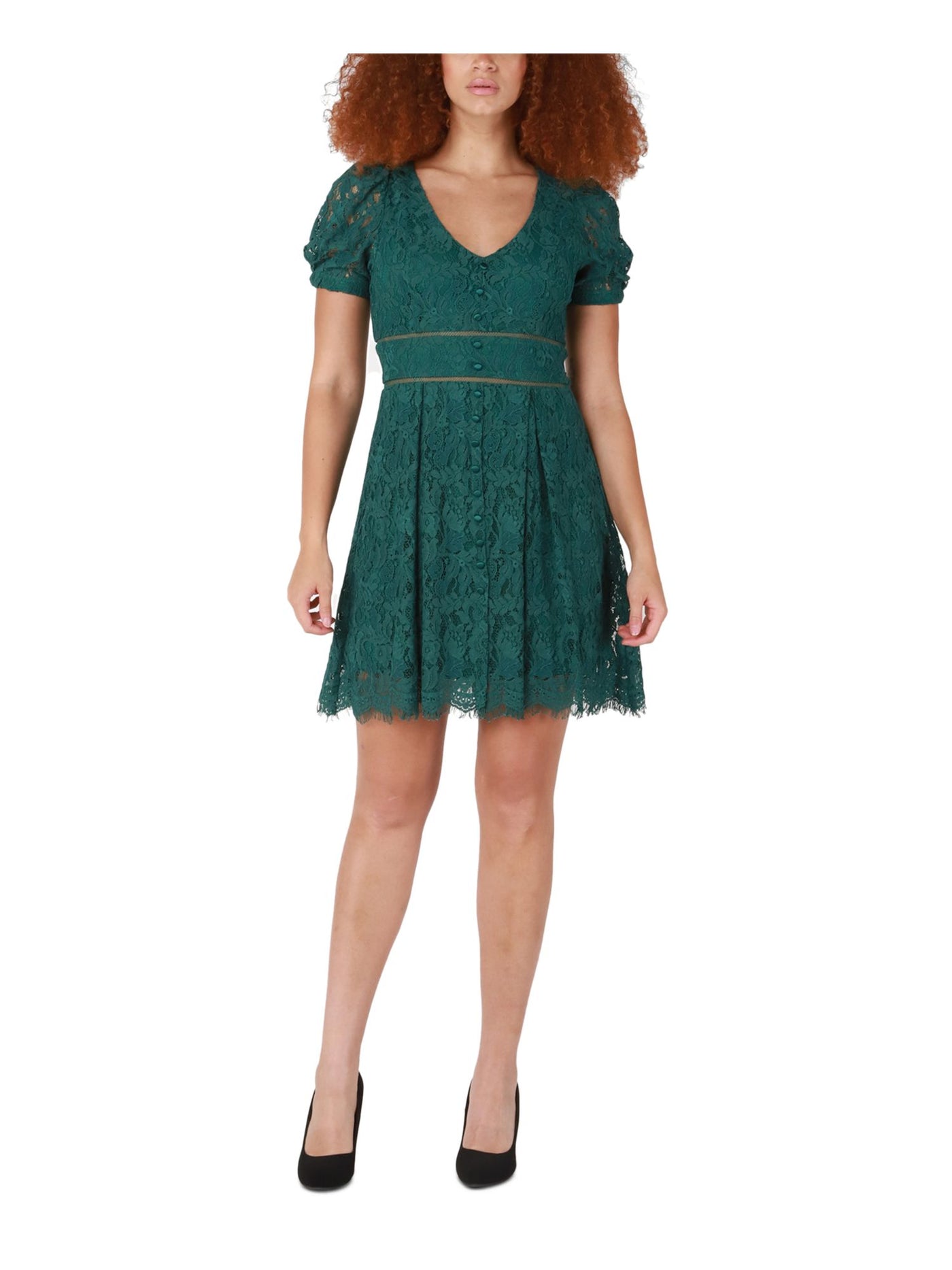 BLACK TAPE Womens Zippered Short Sleeve V Neck Above The Knee Fit + Flare Dress