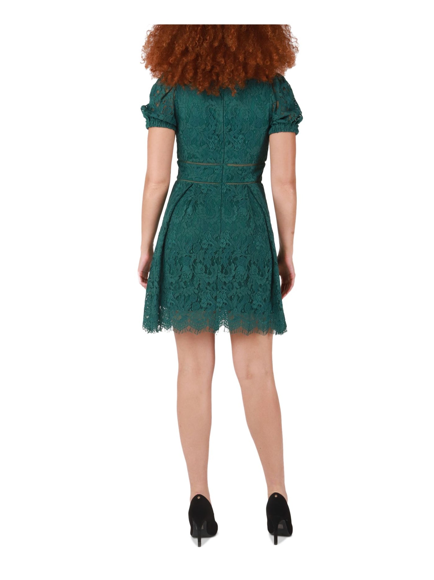 BLACK TAPE Womens Zippered Short Sleeve V Neck Above The Knee Fit + Flare Dress