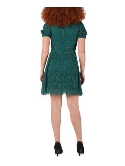 BLACK TAPE Womens Zippered Short Sleeve V Neck Above The Knee Fit + Flare Dress