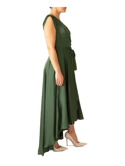 BLACK TAPE Womens Green Zippered Lined Tie Belt Flutter Sleeve Surplice Neckline Maxi Evening Hi-Lo Dress M