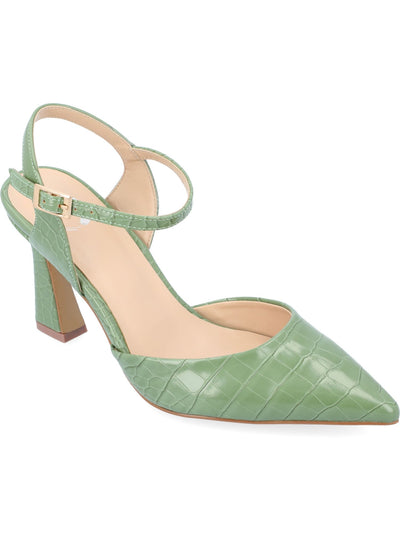 JOURNEE COLLECTION Womens Green Croc Padded Ankle Strap Nixey Pointed Toe Flare Buckle Slingback 7