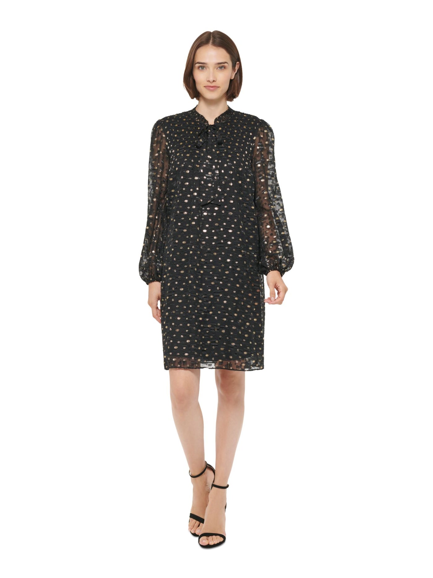 DKNY Womens Black Pleated Lined Sheer Tie Pullover Polka Dot Long Sleeve Split Above The Knee Shift Dress 2