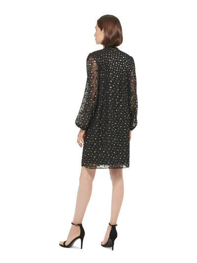 DKNY Womens Black Pleated Lined Sheer Tie Pullover Polka Dot Long Sleeve Split Above The Knee Shift Dress 2