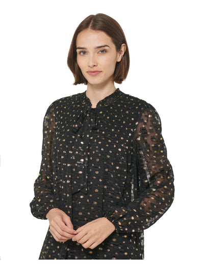 DKNY Womens Black Pleated Lined Sheer Tie Pullover Polka Dot Long Sleeve Split Above The Knee Shift Dress 2