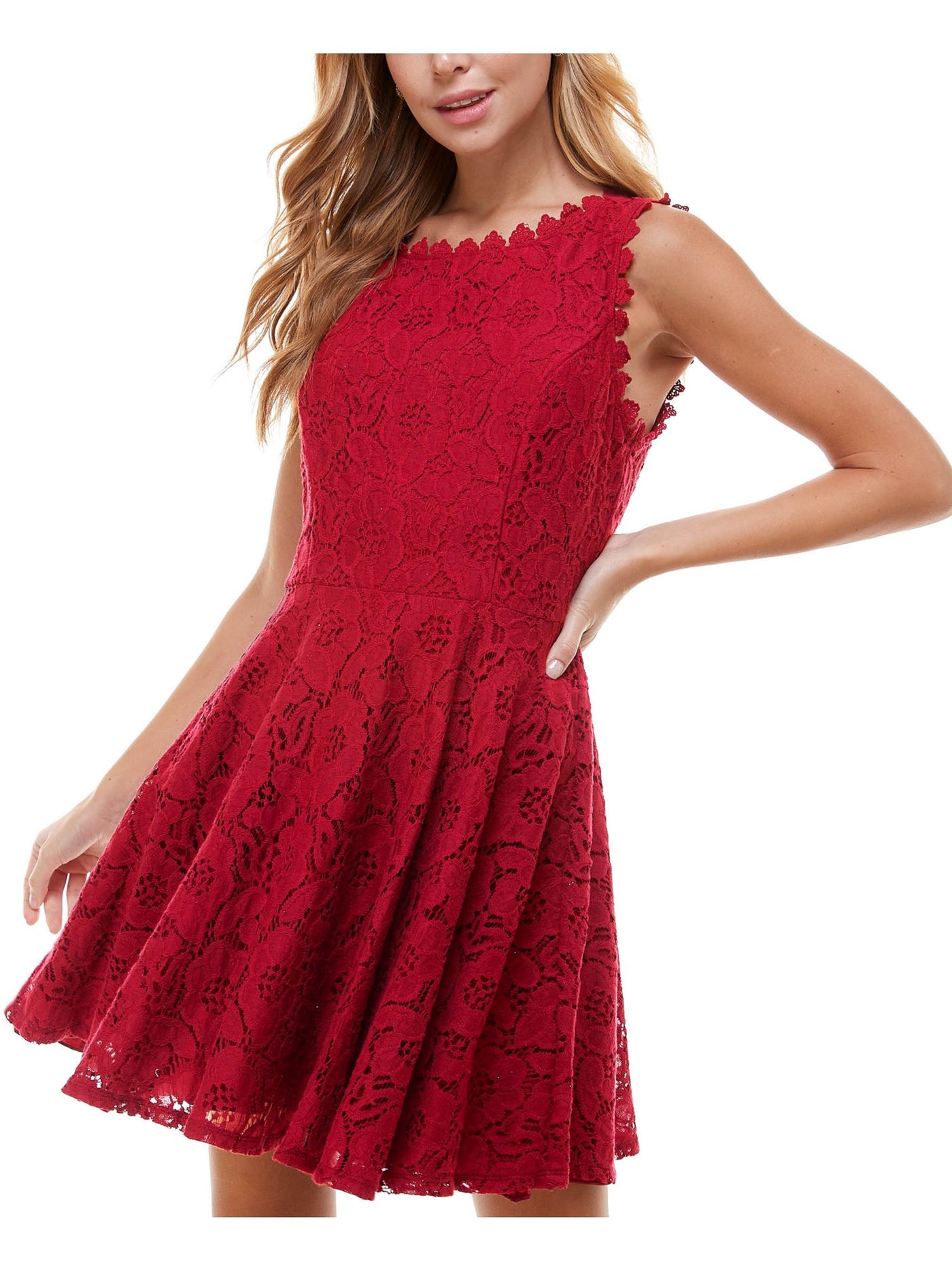 CITY STUDIO Womens Red Zippered Lined Scalloped Lace Trim Sleeveless Boat Neck Short Party Fit + Flare Dress Juniors 9