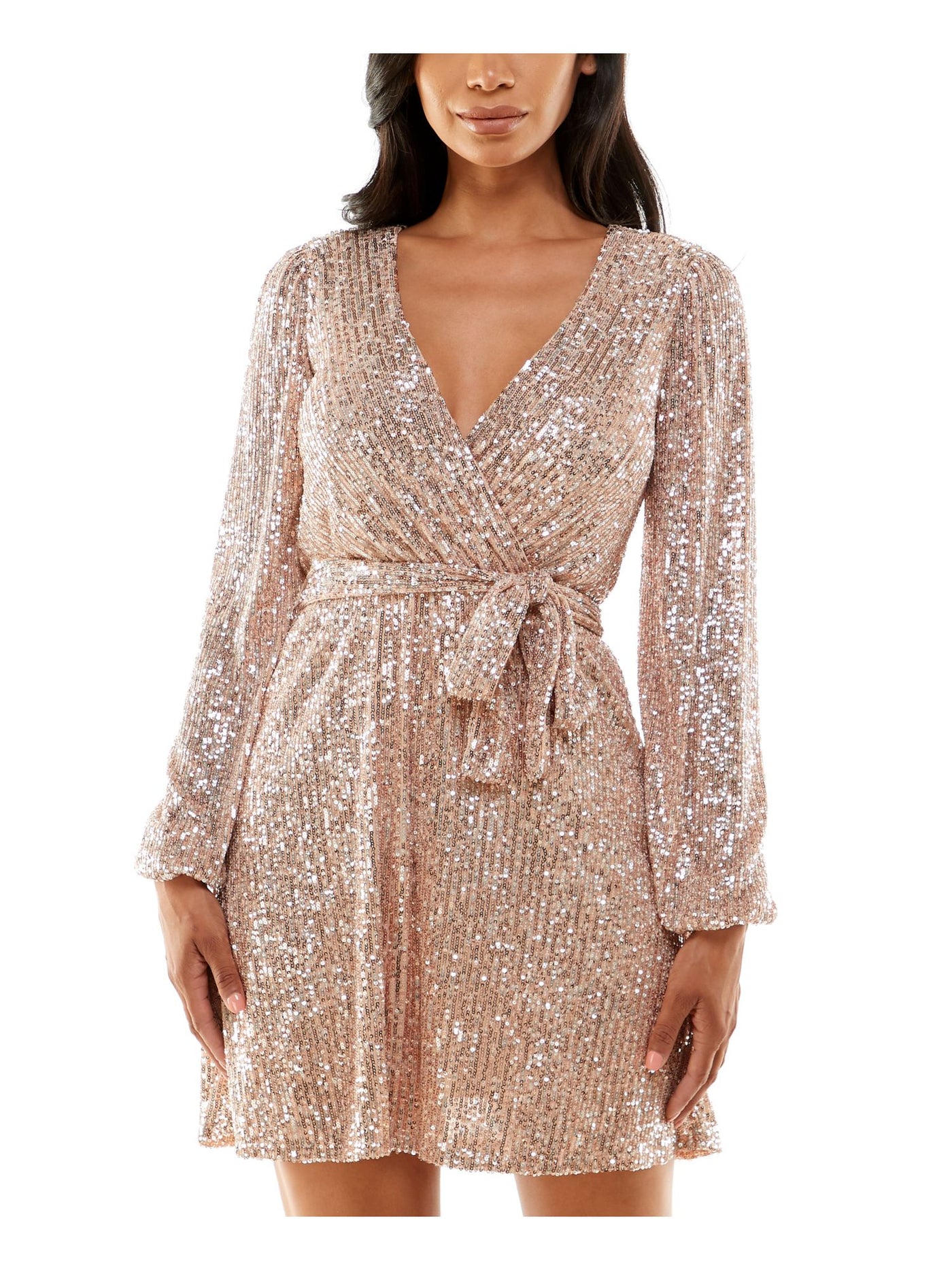 EMERALD SUNDAE Womens Pink Sequined Lined Pullover Tie Belt Long Sleeve Surplice Neckline Short Evening Fit + Flare Dress XS
