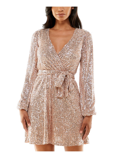 EMERALD SUNDAE Womens Pink Sequined Lined Pullover Tie Belt Long Sleeve Surplice Neckline Short Evening Fit + Flare Dress XS